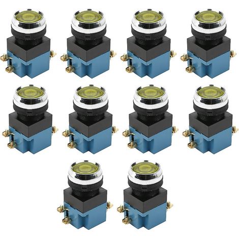 Lot de 10 boutons-poussoirs plats ronds à réarmement automatique, 1NO 1NC, montage 25 mm, LA19-11, jaune (1/5)