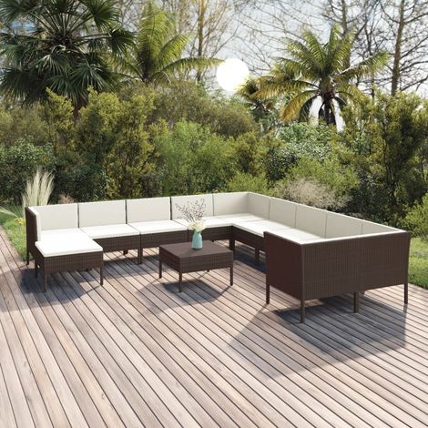 12-tlg. Garten-Lounge-Set mit Auflagen Poly Rattan Braun (1/5)