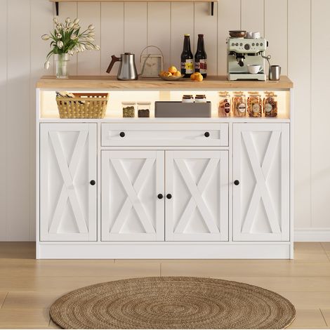 Credenza 140/35/95 cm bianca con 4 ante, cassetti e illuminazione LED RGB (1/5)