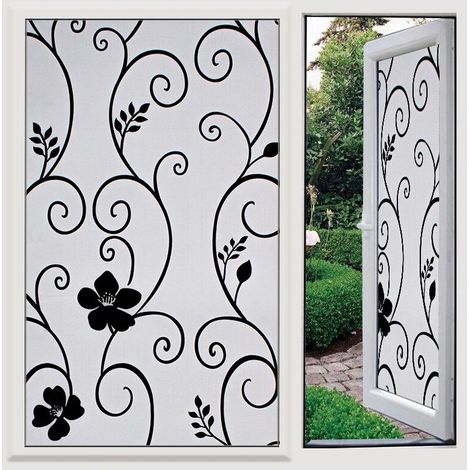 Anti-UV 45 x 200 cm, Fleur Noir Film Fenetre Anti Regard Adhesif pour Vitre Brise Vue Fenetre Film pour Vitre Film Electrostatique Vitre Film Opaque Vitrage Film décoratif pour fenêtre, (1/5)