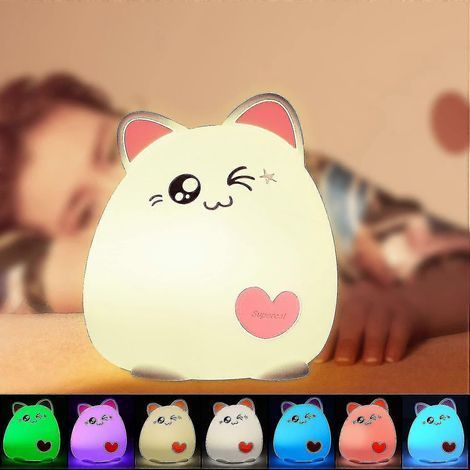 Veilleuse pour enfants, lampe de chevet chaton en silicone souple, capteur tactile, couleurs changeantes, rechargeable par USB, lampe animalière pour enfants (1/5)