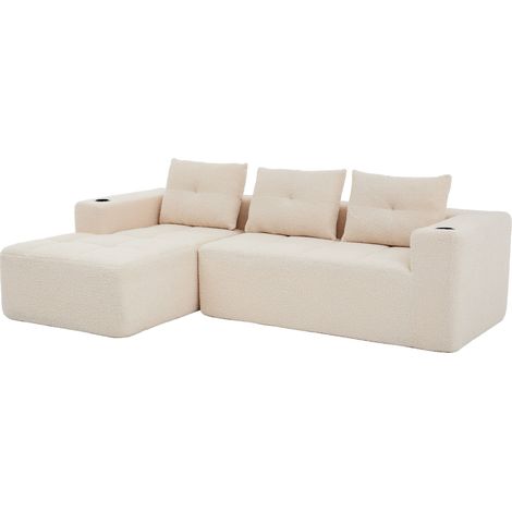 Sofá en L de 258 cm beige con 3 cojines y posavasos (1/5)
