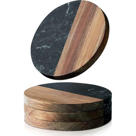 Lot de 4 sous-verres pour boissons, sous-verres en marbre et bois (photo couleur) (1/5)