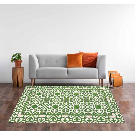 Tappeto Arredo Moderno Morbido in Ciniglia Ingresso Antiscivolo Prodotto Italiano Soggiorno Camera Salotto Disegni Piazzati Cotone Varie Misure Grande Arabic Verde - 140x200 cm