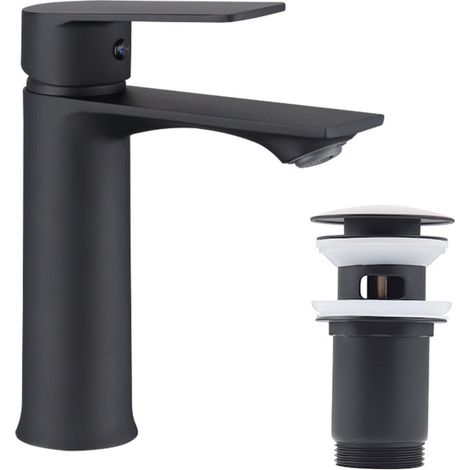 Noir Set Robinet Salle de Bain + Bonde de Lavabo Bonde Pop-up avec Trop-plein Automatique Mitigeur Lavabo avec Bonde  Universelle