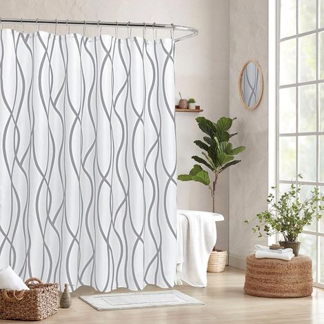 Rideau De Douche - 180 X 180 Cm - Tissu Lin Polyester Texturé - Rayé Gris Argent - Pour Salle De Bain - 1 Piece (1/5)