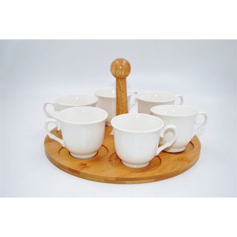Set 6 Tazzine Tazze caffe' in Porcellana Bianca con Base in Legno (1/2)