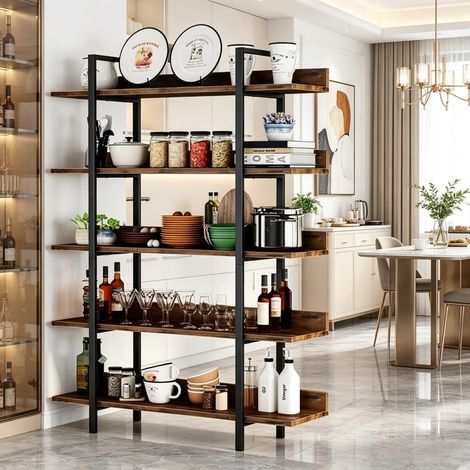 Étagère haute autoportante à cinq niveaux avec panneau arrière, étagère de rangement avec compartiments spacieux, étagère multifonctionnelle pratique, bibliothèque, pour salon et bureau (étagère de ra (1/5)