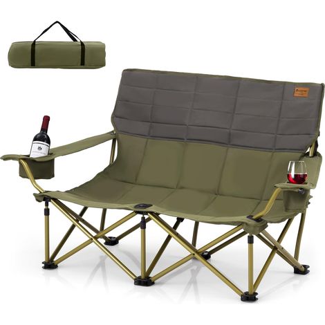 COSTWAY Silla Plegable Camping 2 Personas, Silla Plegable Portatil Ligera 2 Portavasos, Acolchado de Algodón y Bolsa de Almacenamiento, Silla Playa Plegable, Carga 300kg, 149 x 70 x 80 cm (Verde) (1/5)