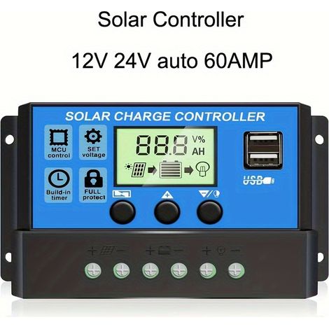 Un régulateur de charge solaire/régulateur de panneau solaire PWM avec écran LCD réglable et deux ports USB. (1/5)