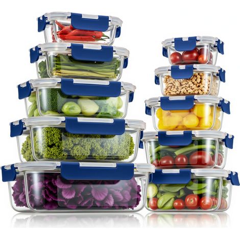 Lot de 10 Boîtes de Rangement Alimentaires en Verre Anti-fuite, Réutilisables, sans BPA, Couvercles en Plastique Bleu (1/5)