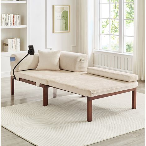 Canapé convertible de terciopelo beige con cama individual extraíble y estructura de madera maciza (1/5)
