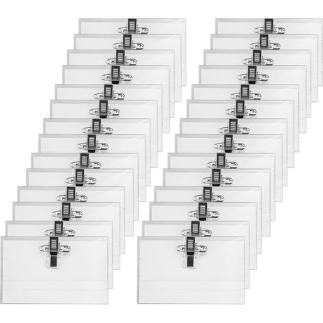 Lot de 100 badges nominatifs, 90 x 56 mm, en plastique tanspaent, pou vêtements, clip, cates de visite, pote-nom, avec clip pou bueau, école, voyage (1/5)