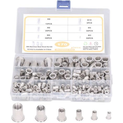 170pcs M3-M10 304 Stainless Steel Rivet Nuts, Durable Flat Head Threaded Nut (1/5)