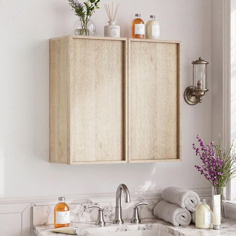 Armadietto sospeso da bagno 60x21,6x58 cm - mobile pensile a parete doppia anta senza maniglia in mdf moderno per bagno e corridoio - effetto rovere (1/5)