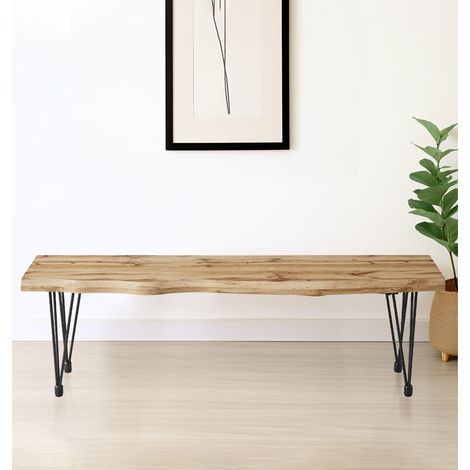 Hallowood Furniture Cullompton Dining Bench with Live Edge Effect Wooden Top with Black Hairpin Steel Legs, Modern Industrial Style Kitchen Bench for Home Dining Room, Living Space or Café (150cm)