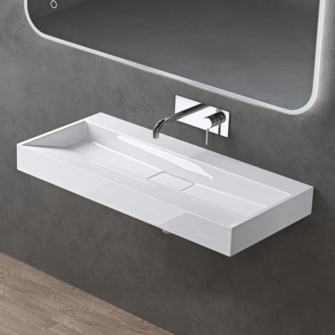 doporro Waschbecken Aufsatzwaschbecken Hängewaschbecken Waschtisch Mineralguss-Waschbecken Colossum19 90cm ohne Armaturloch weiß matt inkl. Ablaufgarnitur