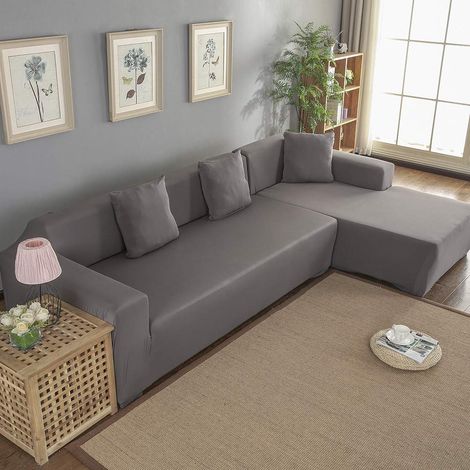 Housse de canapé d'angle avec méridienne Gauche/Droite, élastique, 3 + 2 Places, en Polyester, Anti-Taches, Facile à Nettoyer, Housse de Protection pour canapé (Gris) (1/5)