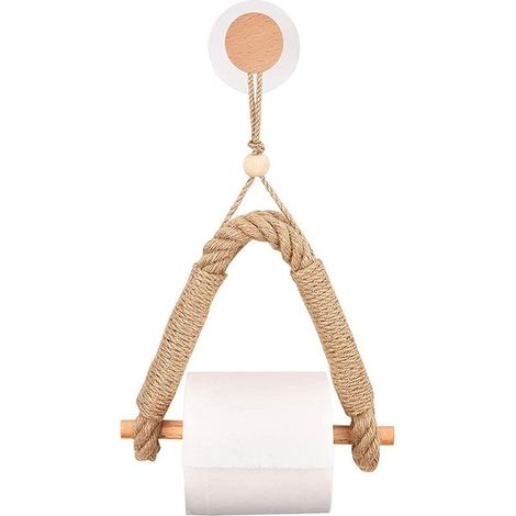 Self-Adhesive Toilet Roll Holder, Wood Roll Holder, Hemp Rope Paper Towel Holder, Wall-Mounted Tissue Holder, Retro Punch-Free Hemp Rope Toilet Paper Holder for Bathroom and Kitchen (1/5)