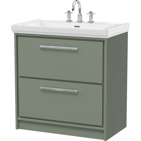 Balterley Longnor Modern Bathroom Floor Standing 2-Drawer Vanity Unit with Fireclay Basin, Fern Green, 800mm