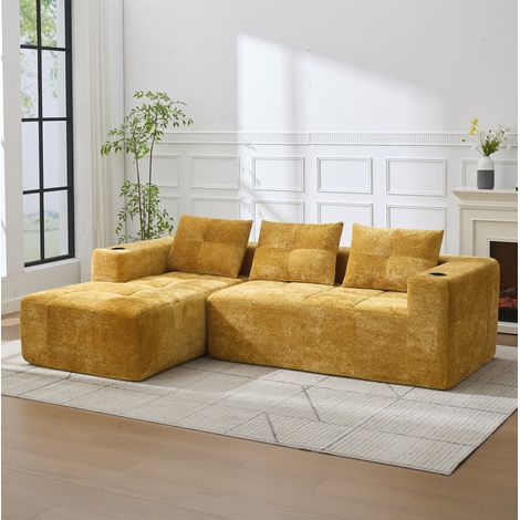 Canapé d'angle en chenille jaune 258 cm, rembourré, 4 à 5 places, avec porte-gobelets (1/5)