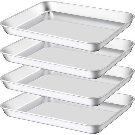 Lot de 4 grille-pain en acier inoxydable, petite feuille à biscuits, plateau de cuisson en métal, facile à nettoyer et passe au lave-vaisselle, surface miroir (25,4 x 25,4 x 25,4 cm) (1/5)