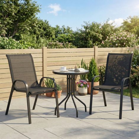 3 pièces salon de jardin extérieur ensemble de meubles 2 fauteuils empilables table basse dessus en verre trempé noir