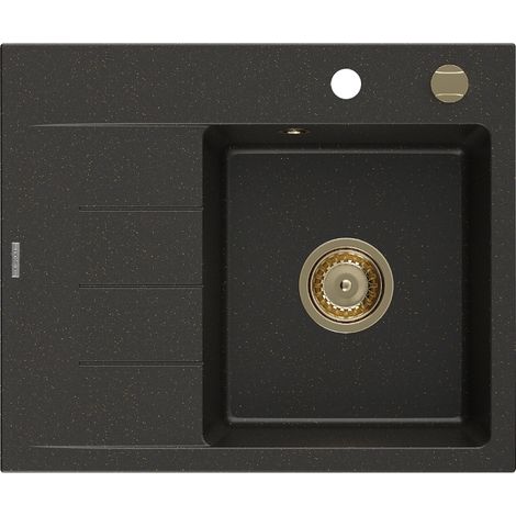 Mexen Ben évier en granit 1 bac avec égouttoir droit 600 x 500 mm, noir/doré métallisé, siphon doré - 6523605000-75-G (1/5)
