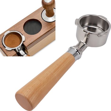 Portafiltro de acero inoxidable de 51 mm con tres orejetas (sin base) para máquinas de café con mango de madera de haya. (1/5)