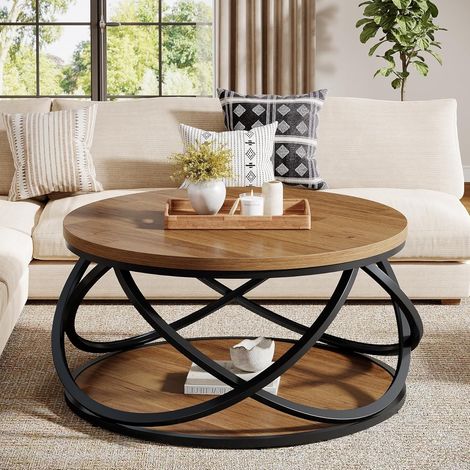Tribesigns 2-Tier Round Coffee Table, 31.5" Circle Center Table, Wood Grain Accent Table with Storage Shelf and Cross Metal Frame for Living Room, Small Space, Rustic Brown (1/5)