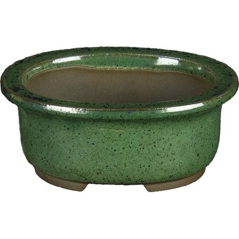 Vaso per bonsai Giapponese Morrisan ovale in gres smaltato verde scuro 10,5x8,5x4,5 cm - B03-3-1D