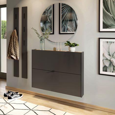 Meuble à chaussures 2 portes 100x18x83 cm anthracite et naturel - AMKY