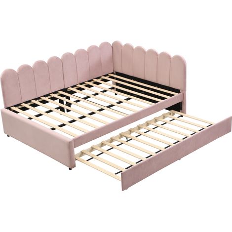 GagaGagaLit rembourré en L, canapé-lit 140x200 cm avec dossier fleuri et lit gigogne, en velours rose (1/5)