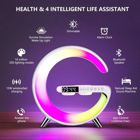 2023 Nouvelle Lampe de Table Intelligente, Lampe D'ambiance Avec Chargeur Sans Fil, Haut-parleur Bluetooth, Veilleuse à Intensité Variable Avec Synchronisation de la Musique, Blanc (1/5)
