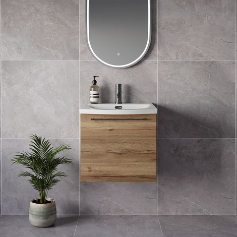 Napoli 390 Tobacco Oak 500mm Wall Mounted Single Drawer Vanity Unit with Arc Basin - 500mm - Gunmetal Grey 320mm Handle