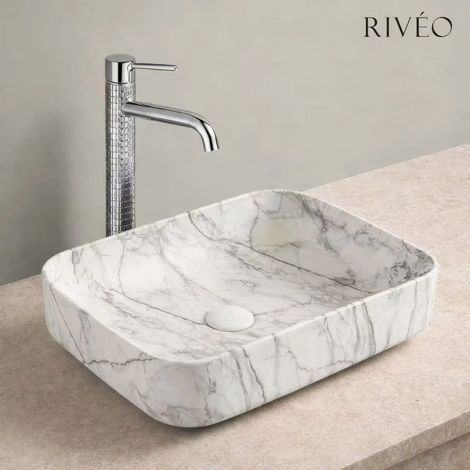 Vasque à poser en céramique blanc effet marbre 50 x 39 x 13,5 cm avec bonde clic-clac blanche incluse - RIVÉO (1/4)