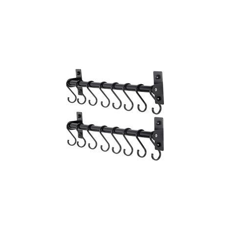 Noir, lot de 2, support à ustensiles de cuisine, support mural pour casseroles et poêles, rail de cuisine avec 8 crochets pour suspendre des ustensiles de cuisine, des tasses, des cuillères, fixé au m (1/5)