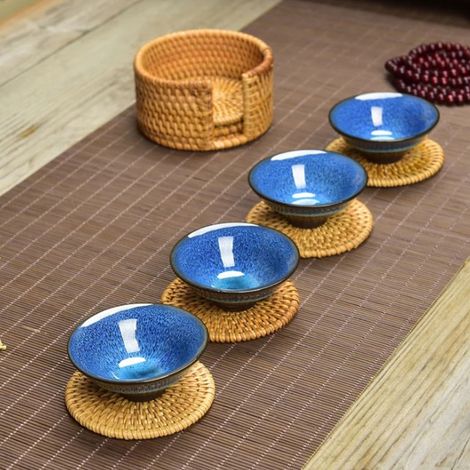6 pièces Sous-verres en rotin vintage pour tasses à thé, décorations de table rondes anti-chaleur (1/5)