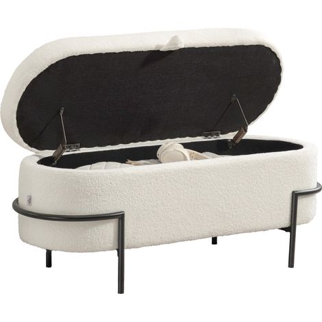 Tabouret de rangement, tabouret avec couvercle et rangement, jambes en acier, tabouret rembourré avec housse en polaire, blanc crème (1/4)