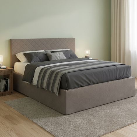 Dmora - Cama matrimonial Dbenass, Juego de cabecero en ecopiel con base ortopédica y cenefa, 100% Made in Italy, adecuado para colchón de 160x190 cm, Tórtola (1/5)