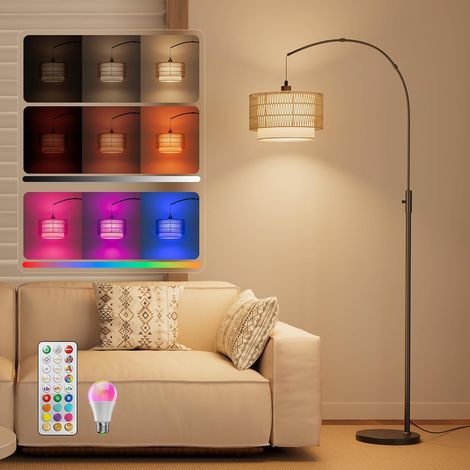 Lampadaire arqué au style bohème, 180 cm, RGB, abat-jour 3-en-1, télécommande magnétique, lin blanc et aspect rotin, 1600 K ambre/4000 K blanc naturel, 0,1 %-100 %, 10 W, 1200 lm (1/5)