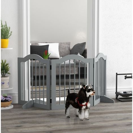 Barrera de seguridad plegable para perro, 154,5x61 cm, madera gris claro, puerta, 3 paneles y 2 patas de soporte (1/4)
