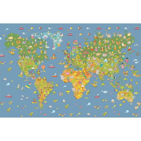 Papier peint panoramique enfant motif carte du monde | Tapisserie panoramique design pour chambre | Papier peint panoramique enfant original  - 267 x 400 cm (4 pièces) (1/2)
