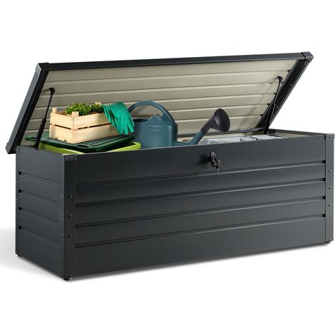 Idmarket – Coffre de jardin métal verrouillable gris anthracite 600L – Dimensions 165x70x63 cm – Résistant aux intempéries – 2 vérins à gaz