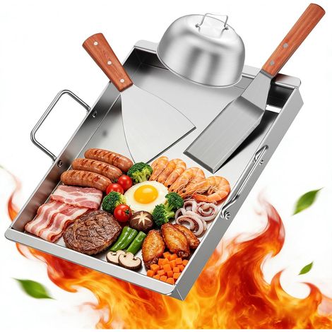 Plancha en acier inoxydable 40 x 30 cm (4 mm d'épaisseur) avec cloche à hamburger et 2 spatules – Plaque massive pour barbecue à gaz et barbecue au charbon – Plancha antirouille pour barbecue (1/5)