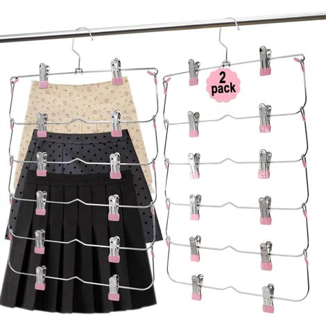 Cintres pour Jupes et Pantalons avec Clips, 6 Niveaux pour économiser de l'espace, en métal, Organiseur de Placard antidérapant et Rangement pour vêtements et Shorts (2, Rose) (1/5)