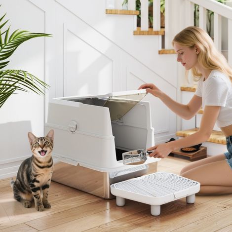 Bac à litière pour chat en acier inoxydable à grand volume, livré avec une pelle de nettoyage, couleur gris clair, facile à entretenir au quotidien (1/4)