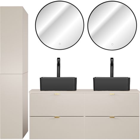 Badmöbel Set 4-teilig mit 120 cm Doppelwaschtisch & 2 LED-Spiegel, in Beige - DURANGO-56 (1/5)