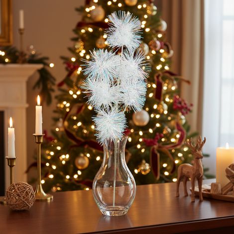 Ramo decorativo con 6 pompon bianchi, decorazione natalizia da h 65 cm (1/4)