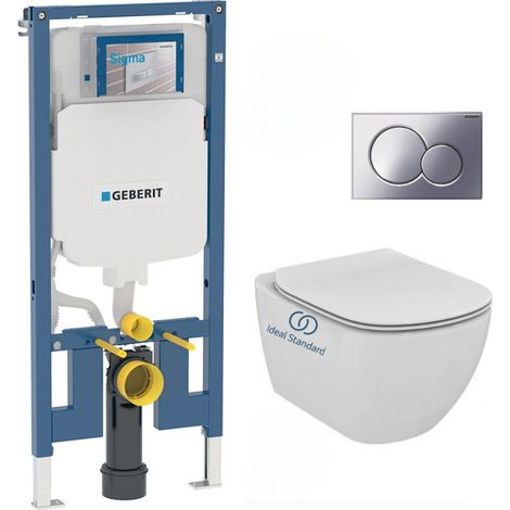 Pack WC Bati-support Geberit extra-plat UP720 + WC Ideal Standard Tesi Aquablade + Abattant softclose + Plaque Chrome